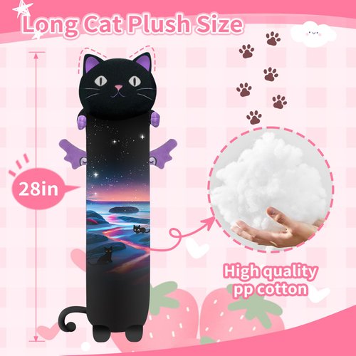 TITQWOP Long Cat Plush Pillow, 28" Cute Stuffed Animals Cat Plush Long Body Pillows, Soft Black Cat Plushie Soft Doll Pillows Gifts for Girlfriend Kids Girls Boys