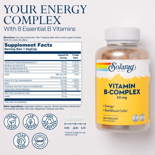 SOLARAY Vitamin B Complex 50mg - Healthy Energy Supplement - Red Blood Cell Formation, Nerve and Immune Support - Super B Complex Vitamins w/Folic Acid, Vitamin B12, B6 and More, Vegan, 250 VegCaps