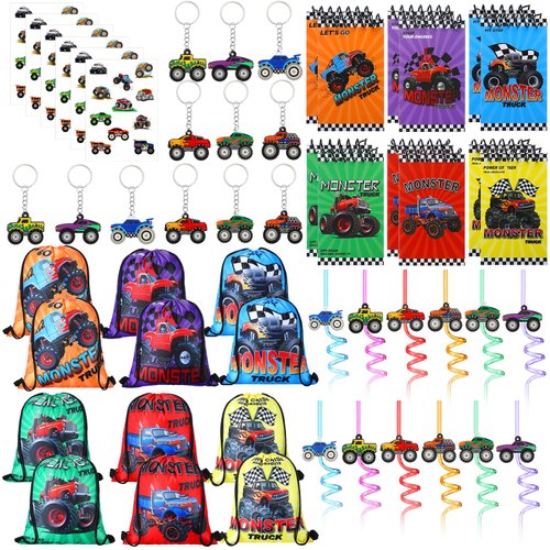 Cunno 49 Pcs Monster Truck Party Favors Include Truck Drinking Straws Mini Keychains Drawstring Bag Spiral Notepads and Stickers for Kids Boys Cars Truck Birthday Party Supplies Decorations Decor