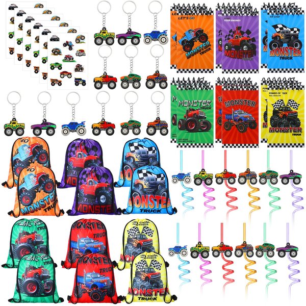 Cunno 49 Pcs Monster Truck Party Favors Include Truck Drinking Straws Mini Keychains Drawstring Bag Spiral Notepads and Stickers for Kids Boys Cars Truck Birthday Party Supplies Decorations Decor