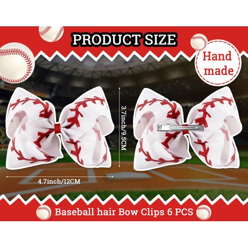 Whaline 6Pcs Baseball Glitter Hair Bow Clips Red and White Baseball Cheer Grosgrain Ribbon Barrettes Alligator Clips for Sports Party Hair Accessories