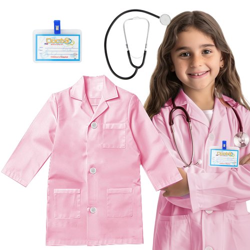 RioRand Kids' Doctor Lab Coat Costume with Accessories Role Play for Boys Girls Playset Nurse Costume Age 3-12 (Pink, M-130CM/6-7Y)