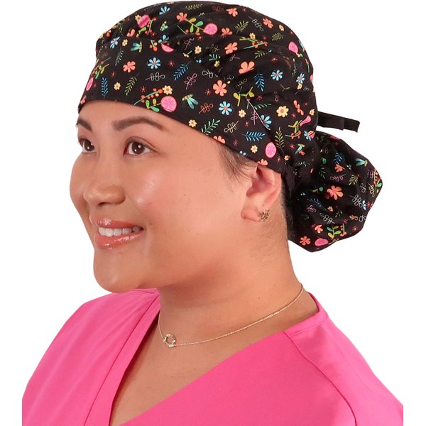 Sparkling EARTH Wildflower Wonders with Black Ties Banded Bouffant Surgical Scrub Ponytail Working Caps - 100% Cotton - Made in The USA