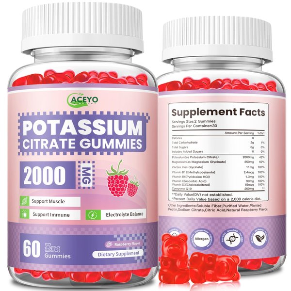Potassium Citrate Supplement 2000mg,Potassium Citrate Gummies for Men & Women,Support Muscle &Immune, Vegan, Gluten Free, Sugar Free,Raspberry Flavor,60 Count(Pack of 1