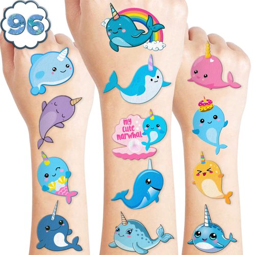 107 PCS Cute Narwhal Unicorn Temporary Tattoos Themed Birthday Party Supplies Decorations Favors Decor Under The Sea Baby Tattoo Stickers Gifts For Boys Girls Class Prizes Carnival