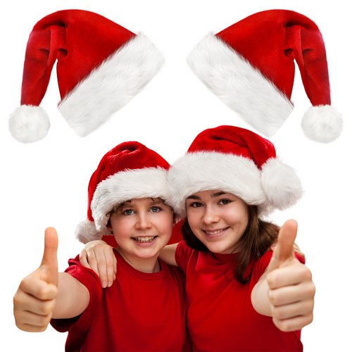2 Pack Plush Kids Santa Hat, Unisex Christmas Hats Classic Velvet Fabric Comfort Double Line Plush Santa Hat for Kids Children Toddler New Year Party Supplies (Red-2Pack)