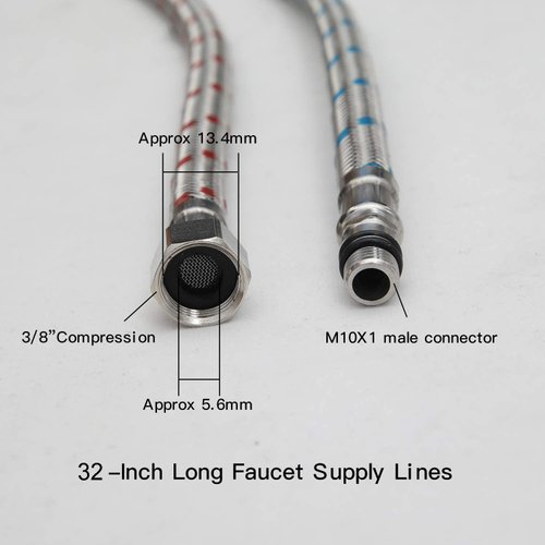 Bathfinesse 32-Inch Long Bathroom Kitchen Faucet Connector Braided Stainless Steel Faucet Supply Lines 3/8-Inch Female Compression Thread x M10 Male Connector, x 2 Pcs (1 Pair)