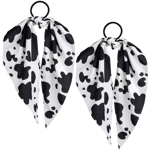SmallCat 2pcs Cow Print Hair Bands for Women, Non-Slip Rabbit Bunny Ear Bow Hair Tie Ropes Scrunchies, Elastic Bowknot Ponytail Holder Hair Bandana Accessories for Curly Straight Thin Thick Fine Hair