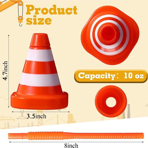 Sawysine 8 Pack Construction Cone Cups with Straws Bulk, Traffic Cones Party Favor Cups 10 oz Plastic Reusable Kids Race Cups Set for Construction Traffic Theme Racing Car Birthday Party Supplies