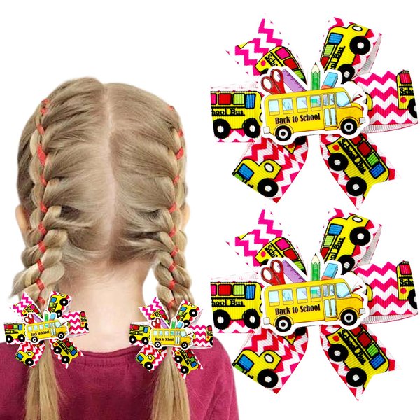 Back to School Hair Clips Yellow Bus Alligator Clips Pink Wave Stripes Hair Clip Design Pencil Ruler Bow Hairgrips First Day Of School Party Hair Accessories for Woman Girl Students 2Pcs (bus)