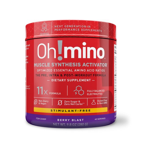 Oh!mino Amino Acid Energy Blend - Sugar-and-Stimulant-Free, Pre-Post Workout Powder, BCAA Amino Acids, Workout Recovery Drink, Muscle Synthesis Activator, Berry Blast, 280 g, 40 Servings