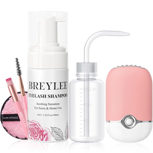BREYLEE 100 ml Lash Shampoo for Lash Extensions, Lash Fan Dryer+Rinse Bottle+Brushes+Cotton Puff,...