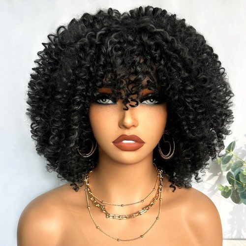 SOKU Afro Kinky Curly Wigs for Black Women Short Natural Black Curly Afro Wig with Bangs 10 Inch Synthetic Glueless Full Wig Heat Friendly Afro Bomb Curly Womens Wig