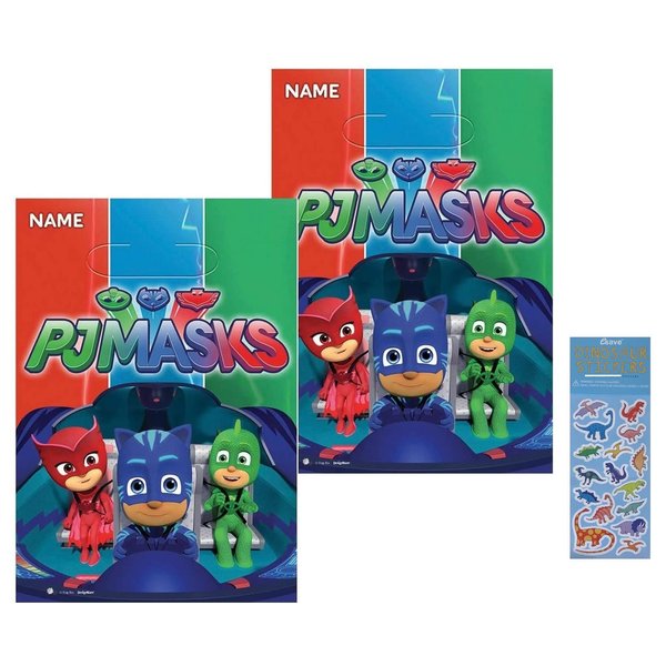 PJ Masks Birthday Party Supplies Bundle Pack includes 16 Party Favor Loot Bags and 1 Dinosaur Sticker Sheet
