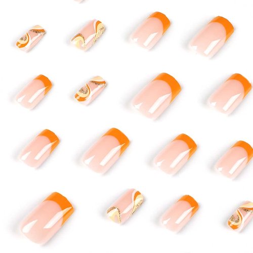 RikView French Tip Press on Nails Medium Fake Nails Square Acrylic Nails with Swirls Design Orange Nails for Women