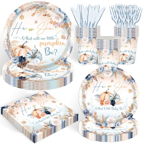 120PCS Autumn Pumpkin Gender Reveal Party Supplies for Boys or Girls Fall Baby Shower Pink Blue Watercolor Floral Tableware Set Cake Table Decor Thickened Disposable Plates Napkins Cups for 20 Guests