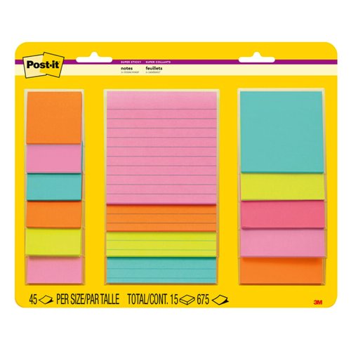 Post-it Super Recyclable Sticky Notes (4423-15SSMIA), Assorted Sizes, 15 Sticky Note Pads, 2x the Sticking Power, Supernova Neons Colors Collection