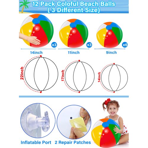 [ 22''+17''+14'' ] 12 Pack Rainbow Beach Balls Bulk, Inflatable Swimming Pool Toys Beach Ball for Kids Birthday Party Favors Outdoor Summer Games Hawaiian Tropical Luau Themed Pool Party Decorations