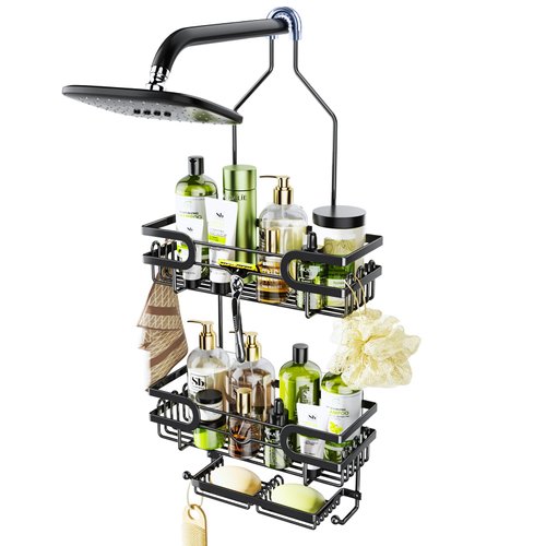 HapiRm Bathroom Hanging Shower Caddy - Rustproof & Waterproof Shower Shelf Over Shower Head with 12 Hooks and 2 Soap Holders, No Drilling Bathroom Organizers and Storage for Bathroom - Black