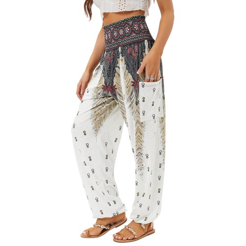 QIANXIZHAN Women's Harem Pants, High Waist Yoga Boho Trousers with Pockets White S