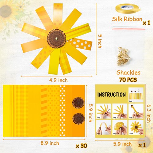 BeYumi 30Pcs Fall Thanksgiving Paper Strip Sunflowers Craft Kit for Kids DIY Autumn Thankful Gratitude Sunflower Ornament Crafts Flower Craft Spring Decor Home School Classroom Party Fun Activities