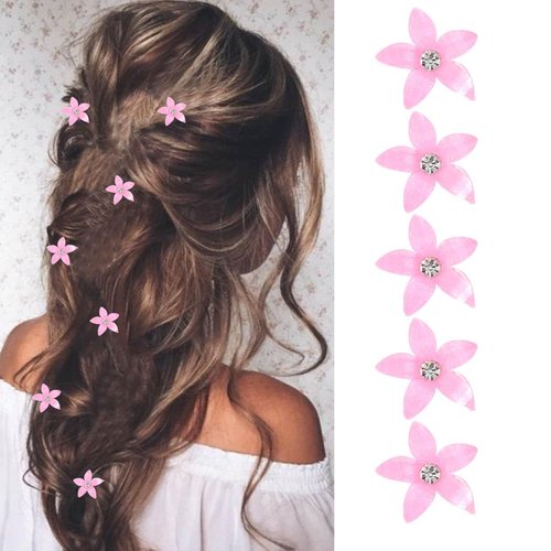 Bartosi Flower Hair Clips Pink Mnin Flower Hair Barrettes Rhinestone Bridal Hairpins Wedding Decorative Hair Accessories for Women and Girls (Pack of 5)