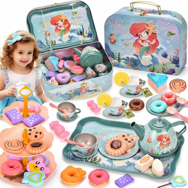 Lajeje 52Pcs Mermaid Tea Party Set for Little Girls, Pretend Tin Teapot Set with Metal Carrying Case, Little Mermaid Princess Toys, Stocking Stuffers for Kids, Birthday Gift for Age 3-6 Year Olds