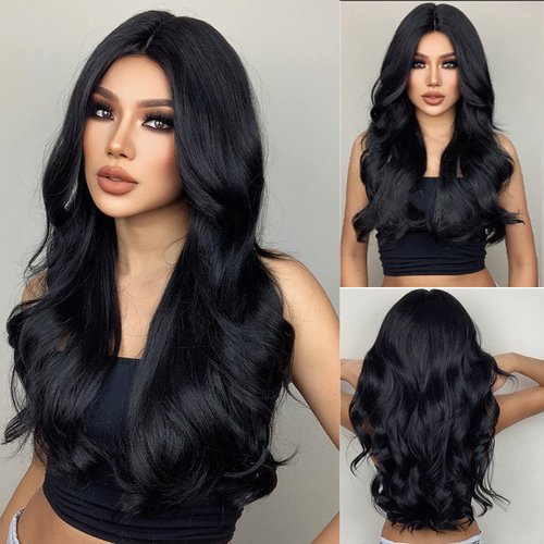 WTHCOS Long Black Wigs for Women Black Hair Wigs Long Wavy Curly Black Wigs Middle Part Black Wigs Natural Looking Synthetic Heat Resistant Wigs (Black)