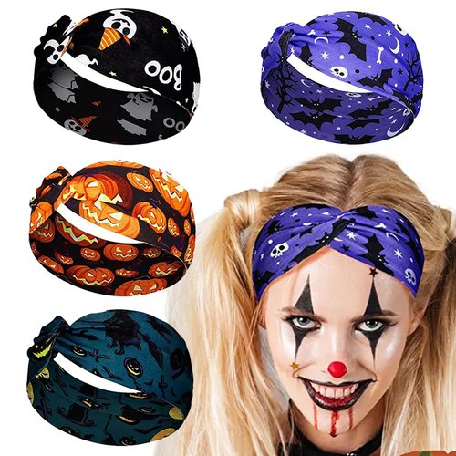 TailaiMei 4 Pcs Halloween Headbands for Women, Knotted Headband Dress Up Costume, Pumpkin Ghost Spider Web Bad Skeleton Hair Band