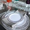 Party Essentials 70-Count Hard Plastic 6.25" Divine Dinnerware Disposable China Bread and Butter/Appetizer Plates, White with Silver Lace Rim