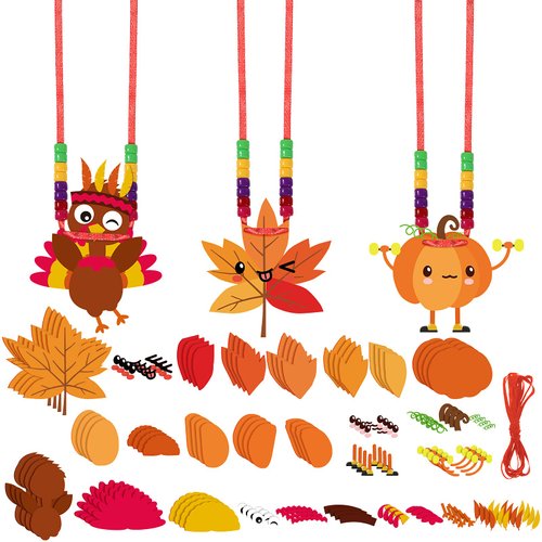 Hicarer 24 Pcs Fall Thanksgiving Felt Craft Kit for Kids DIY Turkey Pumpkin Felt Set Fall Party Necklace Felt Crafts Fall Maple Leaves Ornament for Thanksgiving Autumn Craft Party Supplies