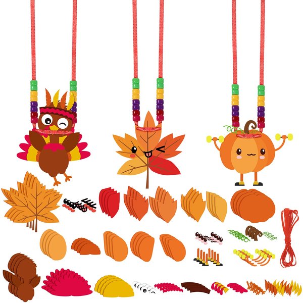 Hicarer 24 Pcs Fall Thanksgiving Felt Craft Kit for Kids DIY Turkey Pumpkin Felt Set Fall Party Necklace Felt Crafts Fall Maple Leaves Ornament for Thanksgiving Autumn Craft Party Supplies