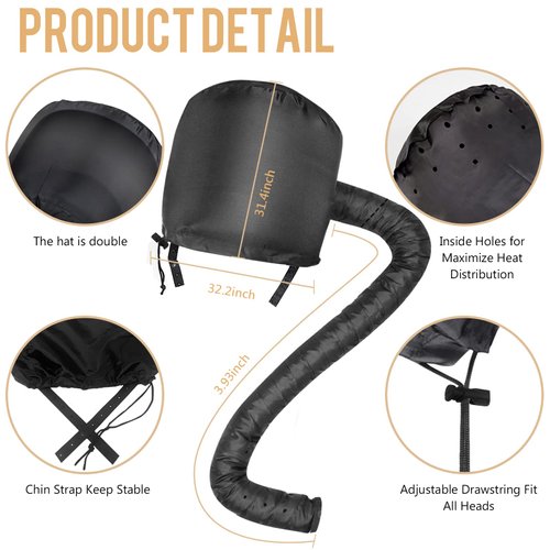 Bonnet Hood Hair Dryer Attachment - Hair Dryer Bonnet with Elastic Strap, Used for Hair Styling, Deep Conditioning and Hair Drying (Black)