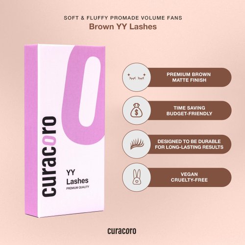 Curacoro Brown YY Lash Extensions - 2D Fans Volume Eyelashes, C CC D Curl, Thickness 0.07mm, 8-15mm Length Mixed Tray, Full Fluffy Volume Look, Long Lasting & Easy Application