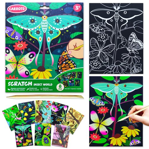 BAOXUE Scratch Art for Kids, Black Rainbow Scratch Off Art Paper Set,Bug Crafts Kits Supplies,Toddlers Activity Party Games, Art Gifts for Girls Boys,Stocking Stuffers for Kids