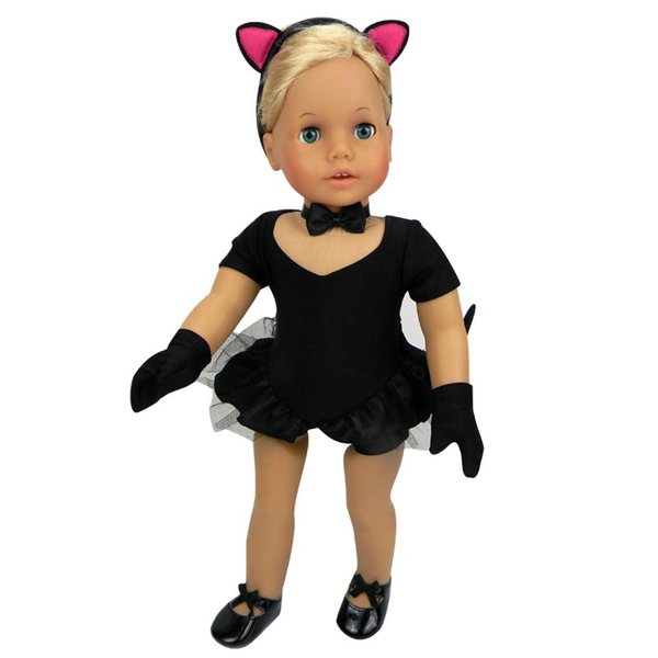 Sophia's Complete Six-Piece Jazz Tap Dance Leotard & Kitty Cat Costume with Gloves, Tail, Choker, & Ears for 18” Dolls, Black