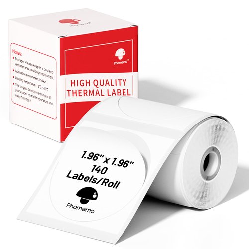 Phomemo Multi-Purpose Self-Adhesive Round Circle Label for Phomemo M110/M110S/M120/M200/M220 Label Maker, 1.96" x 1.96"（50x50 mm）Thermal Label for Barcode Label, DIY Logo Design, Black on White
