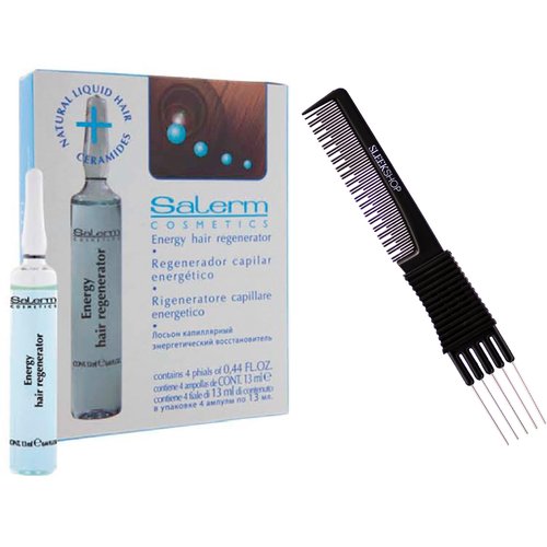 Salerm Cosmetics Energy Hair Regenerator, Stimulates Scalp Circulation for Hair Loss & Thinning Hair (w/ Sleek Teasing Comb) (4 phials of 0.44 oz (PACK OF 1))