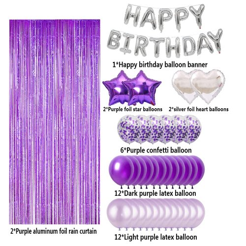 49pcs Purple Silver Birthday Decorations Party Supplies Set, Purple Balloons, Fringed Curtain and Silver 16inch Happy Brthday Banner for Birthday Party