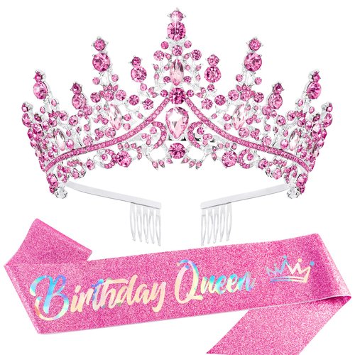VELSCRUN Pink Crystal Birthday Queen Tiara Crown for Women Girls Birthday Queen Headband Sash Elegant Princess Crown with Combs Hair Accessories Happy Birthday Party Decorations Mom Birthday Gift