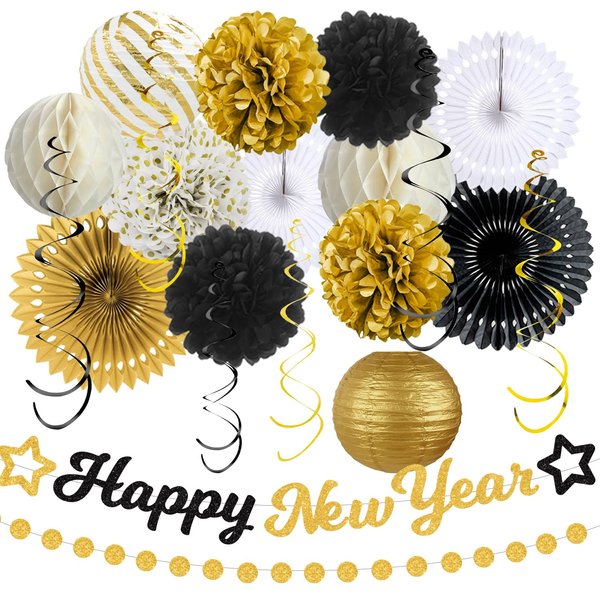 New Years Decorations 2025, Happy New Year Banner Gold Black Paper Lanterns Pom Poms Streamers Garland, New Year Eve Party Supplies 2025