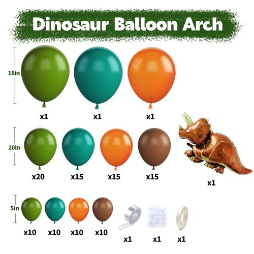 Dinosaur Balloon Arch, Dinosaur Balloon Garland Kit, Retro Green Orange Brown Balloons with Dinosaur Foil Balloon for Kids Dinosaur Themed Party Decorations Jungle Safari Birthday Party Supplies