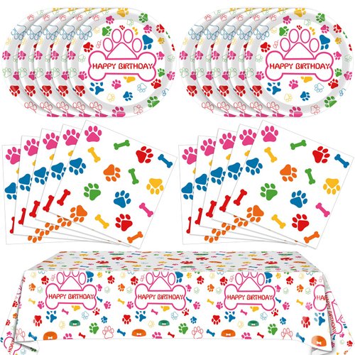 41PCS Dog Birthday Party Supplies Puppy Themed Birthday Decoration Disposable Tableware Plates Napkins Tablecloth for Baby Shower Kids Birthday Dog Birthday Serve 20