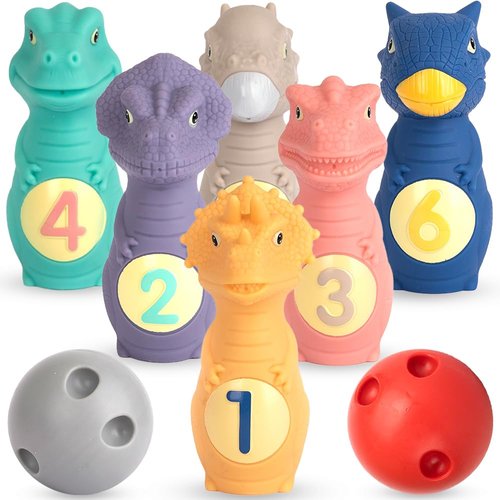 ArtCreativity Dinosaur Kids Bowling Set - 6 Dino Pins and 2 Balls - Durable Silicone Dinosaur Toys for Boys and Girls - Dinosaur Party Activity - Kids Indoor Bowling Game for Ages 2-5