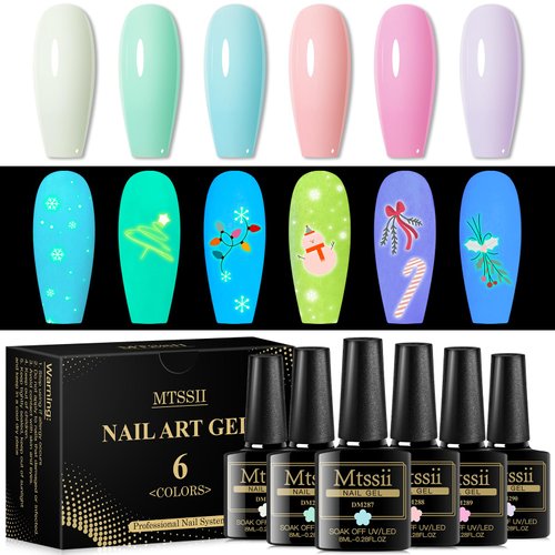 MTSSII Glow in the Dark Gel Nail Polish 6 Colors Luminous Jelly Gel Polish Set Fluorescent Bright Pink White Blue Purple Glow Effect Soak Off UV Nail Polish Kit Christmas Halloween Gifts for Women