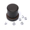 RERIVER PU Leather Dice Cup with Lid, Dark Chocolate Leatherette and Dark Brown Felt-Lined Quiet Dice Shaker Cup, Including 6 Black Dot Dice for Liars Dice/ Farkle/ Yahtzee Games, 1 Pack