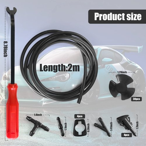 Windshield Washer Hose Kit, 2M Washer Fluid Hose+3 Pcs Hose Connectors+4 Fan Nozzles+4 Rubber Gaskets +30 Pcs Cap Heat Insulation Clips, Connect Car Water Pump and Nozzles, Suitable for Most Car