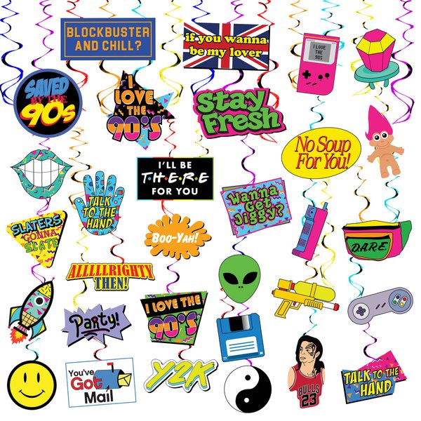 32 Piece 90s Party Hanging Swirls Decorations, Throwback 1990s Themed Party Supplies and Favors