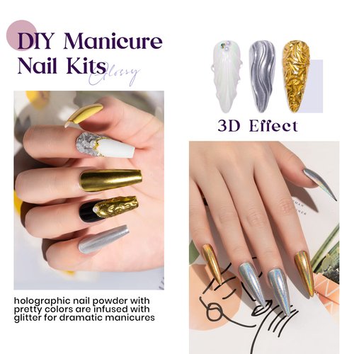 MIZHSE Pearl Chrome Nail Powder for Nails Iridescent Mermaid Glitter Powder, Holographic Solid Pigment Aurora Gold Silver Mirror Powder Nail Art(6 in 1)