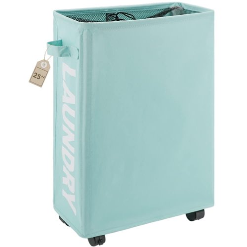 TOTANKI 25" Rolling Slim Laundry Basket with Handle on Wheels (4 Colors), Foldable Laundry Hamper, Collapsible Laundry Sorter and Organizer, Tall Storage Basket Bin (Light Blue)
